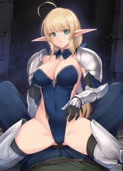  1boy ahoge armor armored_gloves armored_legwear black_gloves black_thighhighs blonde_hair blue_bow blue_collar blue_leotard blunt_bangs bow breasts cleavage closed_mouth collar covered_navel cowgirl_position detached_collar elf female gloves green_eyes hairbow highres kirishima_satoshi large_breasts leotard long_hair looking_at_viewer original pointy_ears ponytail pov pov_crotch shoulder_armor sidelocks spread_legs straddling strapless strapless_leotard thighhighs thighs very_long_hair 