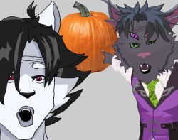  4_eyes absurd_res anthro black_hair canid canine clothing darkest_dawn duo feline_demon food fruit fur gesture graphi_gato green_eyes grey_background grey_body grey_fur hair hand_gesture hi_res humanoid hybrid male mammal multi_eye necktie nick_nocturne plant pointing pumpkin purple_eyes red_eyes sharp_teeth simple_background suit_vest teeth topwear two_soyjaks_pointing vest 