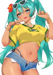  absurdres animal_ears anzu_(x_anzu_ill) aqua_eyes aqua_hair bikini_under_shorts bracelet brazilian_flag brazilian_flag_print brazilian_miku breasts cowboy_shot denim denim_shorts eyewear_on_head female flower hair_flower hair_ornament hatsune_miku highres jewelry large_breasts long_hair looking_at_viewer midriff nail_polish navel official_alternate_costume open_fly open_mouth shirt shorts simple_background solo tan tanline_peek teeth thighs twintails upper_teeth_only vocaloid white_background yellow_shirt 