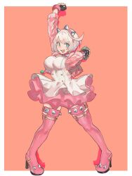  ahoge arm_up black_gloves blue_eyes bob_cut boots bracelet breasts clover collar cropped_jacket dress elphelt_valentine female fingerless_gloves four-leaf_clover full_body gloves guilty_gear guilty_gear_strive hairband highres huge_ahoge jacket jewelry large_breasts legs_apart looking_at_viewer luci_omi_gusu open_mouth pink_collar pink_footwear pink_hairband pink_jacket pink_skirt short_dress short_hair skirt sleeveless sleeveless_dress smile solo spiked_bracelet spiked_collar spiked_hairband spiked_thighlet spikes standing thigh_boots white_dress white_hair 