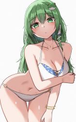  absurdres bangle bikini blush bracelet breasts cleavage collarbone commentary_request female frog_hair_ornament green_eyes green_hair hair_ornament hair_tubes halterneck highres jewelry kiui_(dagk8254) kochiya_sanae large_breasts long_hair looking_at_viewer navel necklace simple_background snake_hair_ornament solo stomach straight_hair swimsuit thigh_gap touhou very_long_hair white_background white_bikini 