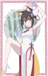  absurdres alternate_costume alternate_hairstyle animal_ear_fluff animal_ears arm_up armpits artist_name ass blue_archive blush breasts brown_hair bun_cover china_dress chinese_clothes commentary_request cup double_bun dress extra_ears eyes_visible_through_hair eyeshadow female fighting_stance fox_ears fox_girl fox_tail gloves hair_between_eyes hair_bun halo hand_up high_heels highres holding holding_cup impossible_clothes izuna_(blue_archive) izunasuki_art looking_at_viewer makeup medium_breasts no_socks oerba_yun_fang open_mouth pink_halo short_hair simple_background skin_fang sleeveless sleeveless_dress solo standing standing_on_one_leg tail thighs tsurime v-shaped_eyebrows white_background white_dress white_footwear white_gloves wide-eyed yellow_eyes 