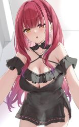  absurdres bare_shoulders black_dress blush breasts cleavage dress female halter_dress halterneck heterochromia highres hololive houshou_marine houshou_marine_(8th_costume) indoors large_breasts long_hair looking_at_viewer red_eyes red_hair solo virtual_youtuber yellow_eyes yoshinon_(yoshinon_kotori) 