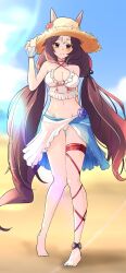  animal_ears barefoot bikini blush breasts brown_eyes brown_hair cleavage closed_mouth collarbone hat highres horse_ears horse_girl horse_tail kyabetsuman looking_at_viewer low_twintails medium_breasts ocean sky smile solo straw_hat swimsuit tail twintails umamusume yamanin_zephyr_(umamusume) 