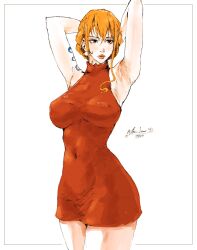  armpits arms_behind_head arms_up bon_drawr breasts brown_eyes covered_navel covered_nipples dress earrings female highres jewelry large_breasts nami_(one_piece) official_alternate_costume one_piece orange_hair pearl_earrings pink_lips red_dress short_dress short_hair shoulder_tattoo sleeveless sleeveless_dress solo tattoo thick_lips white_background 