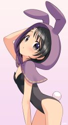  :o animal_hood arms_behind_head black_eyes black_hair black_leotard blush commentary_request fake_tail female flat_chest hair_ornament hairclip highres hood idolmaster idolmaster_cinderella_girls leotard looking_at_viewer playboy_bunny purple_background purple_hood rabbit_hair_ornament rabbit_hood rabbit_tail sasaki_chie short_hair solo tail thighs wgm_oekaki 