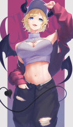  absurdres armpits bare_shoulders baseball_cap black_horns black_pants black_tail black_wings blonde_hair blue_eyes breast_tattoo breasts character_name cleavage cleavage_cutout clothing_cutout cowboy_shot cropped_sweater demon_girl demon_horns demon_tail demon_wings denim female grey_sweater hand_in_pocket hat highres hololive horns jacket large_breasts off_shoulder pants pink_jacket pointy_ears short_hair solo sweater tail tattoo tongue tongue_out torn_clothes torn_pants uple virtual_youtuber winged_heart wings yuzuki_choco 