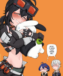  1boy 2girls absurdres aroused bangboo_(zenless_zone_zero) belle_(zenless_zone_zero) belly black_hair blue_hair blush breasts eous_(zenless_zone_zero) goggles goggles_on_head grace_howard green_eyes grey_hair hair_ornament highres hug kyu-bum_lee large_breasts multiple_girls navel red_eyes simple_background speech_bubble sweat wise_(zenless_zone_zero) zenless_zone_zero 