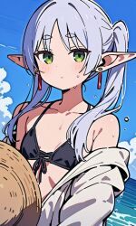  ai-generated bikini black_bikini breasts collarbone earrings elf female frieren front-tie_bikini_top front-tie_top green_eyes hat highres jewelry kaibashira4080 long_hair ocean pointy_ears sky small_breasts solo sousou_no_frieren straw_hat swimsuit twintails water white_hair 