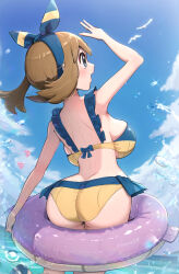  absurdres arm_up ass bikini blue_bikini blue_eyes blue_hairband blue_sky blush bow_hairband breasts brown_hair bubble cloud commentary_request day female from_behind gonzarez hairband highres innertube large_breasts long_hair looking_up luvdisc may_(pokemon) ocean open_mouth outdoors pokemon pokemon_(creature) pokemon_oras profile sky solo sparkle splashing standing standing_on_one_leg swim_ring swimsuit twitter_username two-tone_bikini water water_drop wet wingull yellow_bikini 