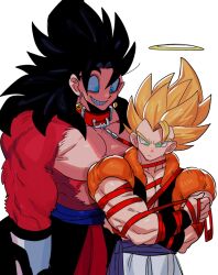  2boys black_hair blue_eyes blue_sash body_fur bound collar commentary dragon_ball dragon_ball_heroes dragon_ball_z earrings gogeta halo holding holding_leash jewelry leash long_hair metamoran_vest monkey_boy multiple_boys muscular muscular_male nanika_(nnkgh) potara_earrings red_fur sash simple_background spiked_hair super_saiyan super_saiyan_1 tied_up_(nonsexual) white_background 