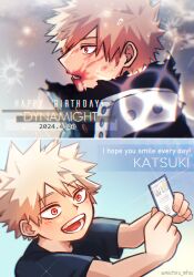  1boy absurdres age_progression bakugou_katsuki black_shirt blonde_hair blood blood_on_face boku_no_hero_academia character_name dated hair_between_eyes happy_birthday highres male_focus michiru_mha multiple_views open_mouth red_eyes shirt short_hair smile spiked_hair superhero_costume sweat t-shirt twitter_username upper_body 