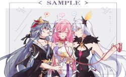  3girls bare_shoulders belt_collar black_choker black_dress black_shorts breasts chinese_clothes choker clothing_cutout collar collarbone corset dress elf elysia_(herrscher_of_human:_ego)_(honkai_impact) elysia_(honkai_impact) fu_hua fu_hua_(herrscher_of_sentience) fur-trimmed_jacket fur_trim grey_background grey_hair hair_ornament heart highres holding holding_leash honkai_(series) honkai_impact_3rd jacket kiana_kaslana kiana_kaslana_(herrscher_of_the_void) leash long_hair looking_at_another medium_breasts multiple_girls one_eye_closed open_mouth pink_hair pointy_ears purple_eyes red_eyes sample_watermark shiying_no_yao short_shorts shorts side_cutout small_breasts spoken_blush spoken_heart watermark white_corset white_hair yellow_eyes yuri 