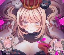  &gt;:) bear_hair_ornament black_choker blonde_hair blood blood_splatter blue_eyes blush bow bra breasts choker cleavage closed_mouth collared_shirt commentary crown danganronpa:_trigger_happy_havoc danganronpa_(series) enoshima_junko female fingernails hair_ornament hairbow hands_up highres lace-trimmed_bra lace_trim long_fingernails long_hair nailu pink_background pink_blood polka_dot polka_dot_bra red_bow red_nails shirt smile solo sparkle swept_bangs twintails underwear upper_body v-shaped_eyebrows very_long_hair 