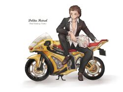  1boy abs artist_name black_suit brown_eyes brown_footwear brown_hair character_name copyright_name delita_heiral engine final_fantasy final_fantasy_tactics flower highres holding holding_flower male_focus motor_vehicle motorcycle shadow sitting solo suit white_background zhenzhu_zoldyck 