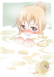  air_bubble akanemachiyama bath bathing bathtub blonde_hair blue_eyes blush border bow bubble female green_background hair_bun hairbow knees_up long_hair looking_at_viewer nude partially_submerged rubber_duck single_hair_bun sitting solo steam toshinou_kyouko water wet white_border yuru_yuri 