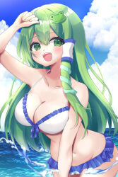  :d absurdres alternate_costume arm_up bikini blue_frills blue_sky breasts cleavage cloud cloudy_sky collarbone cowboy_shot day double-parted_bangs female frilled_bikini frills frog_hair_ornament front-tie_bikini_top front-tie_top green_eyes green_hair groin hair_between_eyes hair_ornament highres kochiya_sanae large_breasts long_hair navel open_mouth outdoors simappi single_hair_tube sky smile snake_hair_ornament solo splashing standing stomach swimsuit teeth touhou upper_teeth_only water white_bikini 