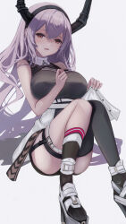  absurdres arknights asymmetrical_legwear bare_shoulders black_dress black_hairband black_horns black_socks black_thighhighs breasts commentary dress female foot_out_of_frame grey_background hair_between_eyes hairband highres horns kneehighs knees_together_feet_apart kyuu_(q_des9) large_breasts long_hair looking_at_viewer o-ring oerba_yun_fang open_mouth pink_eyes purple_hair short_dress simple_background single_kneehigh single_sock single_thighhigh sitting skin_fang sleeveless sleeveless_dress smile socks solo thighhighs typhon_(arknights) uneven_legwear 