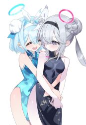  2girls absurdres arona_(blue_archive) bare_shoulders black_dress blue_archive blue_dress blue_halo blush breasts china_dress chinese_clothes closed_eyes cowboy_shot dress grey_eyes grey_hair hair_bun hairband halo highres hug hug_from_behind long_hair multiple_girls open_mouth pink_halo plana_(blue_archive) satouta simple_background small_breasts thighs white_background 