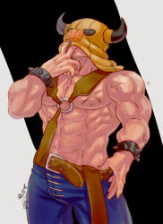  1boy abs belt blue_pants bracelet brown_belt chest_harness clothes_pull commentary_request covered_face cowboy_shot dragon_quest dragon_quest_builders_2 harness horned_mask jewelry kasiwamoti11 male_focus mask miruzu_(dqb2) muscular muscular_male o-ring o-ring_harness pants pants_pull scar scar_on_arm scar_on_chest signature solo spiked_bracelet spikes 