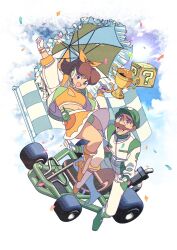  1boy ?_block arm_up blue_eyes bow brown_hair crop_top edoya_inuhachi facial_hair female flag gloves go-kart hairbow hat holding holding_umbrella long_hair luigi mario_(series) mario_kart midriff moustache open_mouth panties pantyshot parasol princess_daisy racing_suit skirt sweatdrop trophy two-tone_footwear umbrella underwear white_gloves 