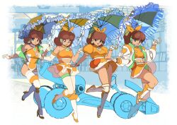  blue_eyes boots bow brown_hair crop_top dress earrings edoya_inuhachi elbow_gloves female flower_earrings gloves go-kart hairbow highres holding holding_umbrella jewelry leotard mario_(series) mario_kart midriff multiple_views navel open_mouth orange_dress orange_leotard panties pantyshot parasol princess_daisy single_glove skirt smile thigh_boots thighhighs umbrella underwear white_gloves white_thighhighs 