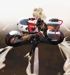  ;) ;p absurdres ailushin belt black_footwear black_jacket black_skirt blonde_hair boots breasts burnice_white cleavage female highres jacket medium_breasts miniskirt motor_vehicle motorcycle one_eye_closed red_belt skirt smile solo sunglasses thigh_belt thigh_boots thigh_strap tongue tongue_out zenless_zone_zero 