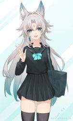  absurdres alternate_costume animal_ear_fluff animal_ears aqua_hair aqua_nails bag black_sailor_collar black_shirt black_skirt black_thighhighs cowboy_shot dated feixiao_(honkai:_star_rail) female forehead_jewel fox_ears fox_girl grey_hair highres honkai:_star_rail honkai_(series) lao_xi long_hair multicolored_hair open_mouth pleated_skirt sailor_collar school_uniform shirt shoulder_bag skirt smile solo teeth thighhighs thighs two-tone_background two-tone_hair w zettai_ryouiki 