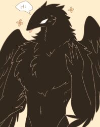  2019 4_fingers anthro avian beak bird black_body black_feathers blush claws english_text feathers fingers flower fluffy_chest fur greeting hair male muscular muscular_male pegu2726 plant simple_background solo text tongue tongue_out white_eyes wings 