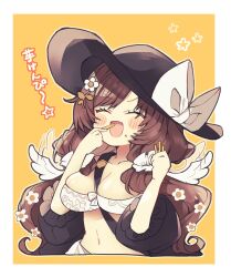  angel_wings between_breasts bikini black_hat blush_stickers border bow breasts brown_hair closed_eyes collarbone cropped_torso crumbs female flapping flower food granblue_fantasy hair_flower hair_ornament hair_scrunchie hat highres holding holding_food k0bo43 large_breasts long_hair low_twintails navel raziel_(granblue_fantasy) raziel_(summer)_(granblue_fantasy) scrunchie solo strap_between_breasts sun_hat swimsuit twintails upper_body white_bikini white_border white_bow white_flower white_scrunchie wings 