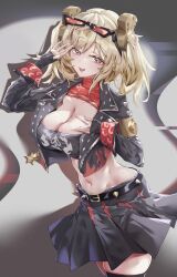  absurdres black_gloves black_jacket breasts burnice_white choker female gloves highres jacket looking_at_viewer luridrumours red_choker simple_background skirt smile solo stomach sunglasses thick_thighs thighs twintails zenless_zone_zero 