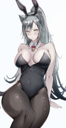  absurdres alternate_costume animal_ear_hairband animal_ears arknights bare_shoulders bell black_leotard blush breasts cat_girl cat_tail closed_mouth collarbone covered_navel detached_collar fake_animal_ears female grey_hair hair_between_eyes hairband highleg highleg_leotard highres large_breasts leotard long_hair looking_at_viewer neck_bell pantyhose playboy_bunny poni_(poni_arknights) ponytail rabbit_ear_hairband rabbit_ears schwarz_(arknights) simple_background sitting solo strapless strapless_leotard tail thighs very_long_hair wrist_cuffs yellow_eyes 