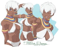  armlet arms_behind_back bangle bare_shoulders blue_background blue_eyes border bracelet breasts character_name cleavage closed_mouth cropped_legs dark-skinned_female dark_skin dated earrings elena_(street_fighter) gold_earrings hair_between_eyes halter_shirt halterneck hand_in_own_hair jewelry medium_breasts multiple_views neck_ring open_mouth osanpogakari parted_lips short_hair smile street_fighter upper_body white_border white_hair 