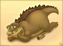  2010 alligator alligatorid anthro brass_instrument claws crocodilian disney fangs half-closed_eyes hand_on_face louis_(tpatf) lying male musical_instrument narrowed_eyes nude obese obese_anthro obese_male on_front open_mouth overweight overweight_anthro overweight_male reptile scales scalie signature smile solo teeth thazumi the_princess_and_the_frog tongue trumpet wind_instrument 