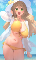  :d absurdres arm_up beach bikini blonde_hair blue_archive blue_sky blush breasts cleavage cloud cowboy_shot day female flower front-tie_top green_eyes groin hat highres large_breasts long_hair long_sleeves looking_at_viewer navel nonomi_(blue_archive) nonomi_(swimsuit)_(blue_archive) ocean official_alternate_costume open_clothes open_mouth open_shirt outdoors see-through see-through_shirt shirt sky smile solo standing stomach string_bikini sun_hat swimsuit thigh_gap thighs ubo_(ubo_tales) water white_shirt yellow_bikini 