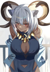  animal_ears ankh arknights arms_behind_back blue_one-piece_swimsuit breasts brown_horns carnelian_(arknights) carnelian_(shimmering_dew)_(arknights) cleavage cleavage_cutout closed_mouth clothing_cutout commentary cowboy_shot curled_horns dark-skinned_female dark_skin female hair_between_eyes highres horns jewelry large_breasts leaning leaning_forward nagi_(naginagi102710) navel navel_cutout necklace official_alternate_costume one-piece_swimsuit red_eyes short_hair smile smug solo swimsuit white_hair 