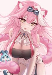  absurdres animal_ear_fluff animal_ears bare_shoulders black_tube_top blue_eyes blue_fur breasts chattino_(raora_panthera) cleavage cowboy_shot female goggles goggles_on_head hair_flaps highres hololive hololive_english large_breasts leaning_forward long_hair looking_at_viewer lorikaruu open_mouth panther_ears panther_girl panther_tail pink_hair raora_panthera raora_panthera_(1st_costume) short_shorts shorts strapless thigh_strap thighhighs thighs tube_top vest virtual_youtuber white_background white_hair white_thighhighs white_vest yellow_eyes 