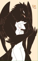  2019 abs anthro avian bird black_body black_feathers blush canid corvid corvus_(genus) crow duo feathers female hair hug karagarasu_(pegu2726) larger_male male mammal muscular muscular_male open_mouth oscine passerine pegu2726 simple_background size_difference smaller_female surprise tarte_(pegu2726) unknown_species white_body white_eyes wide_hips 