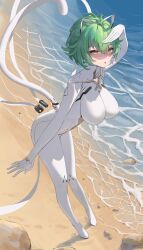  absurdres admiral_nakhimov_(azur_lane) animal_ears azur_lane bare_shoulders beach bodysuit breasts cat_ears cat_tail day female from_above green_hair highres large_breasts leaning_forward looking_at_viewer looking_up mechanical_ears mechanical_tail nick_laojiao open_mouth outdoors shading_eyes solo standing tail water white_bodysuit yellow_eyes 