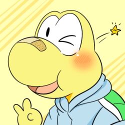  anthro bandage bandage_on_face bandage_on_nose blush clothing gesture hand_gesture hoodie koopa koops low_res male mario_bros nintendo one_eye_closed paper_mario scalie smile solo topwear tukiguma761 v_sign wink yellow_body 