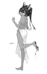  animal_ears barefoot blood blood_on_leg breasts cat_ears dark-skinned_female dark_skin dirty dirty_feet egyptian facial_mark fake_animal_ears feet female full_body greyscale highres kanimura_ebio long_hair monochrome open_mouth original simple_background skirt small_breasts soles solo standing standing_on_one_leg toes twintails 