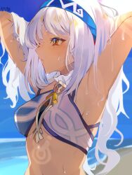  absurdres armpits arms_up beach blue_hairband breasts crop_top female genshin_impact hairband highres long_hair medium_breasts midriff mualani_(genshin_impact) navel orange_eyes solo stomach upper_body wafuu_tsunamayo white_hair 