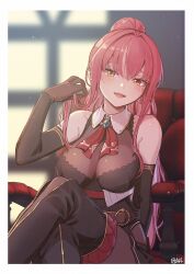  a-ka bare_shoulders blurry blurry_background border breasts cleavage crossed_legs female heterochromia high_ponytail highres hololive houshou_marine houshou_marine_(marching_band) large_breasts long_hair red_eyes red_hair see-through see-through_cleavage sitting solo virtual_youtuber white_border yellow_eyes 