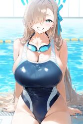  ai-generated alternate_costume arm_support asuna_(blue_archive) asymmetrical_bangs blue_archive blue_eyes blue_halo blue_ribbon breasts cowboy_shot female goggles goggles_around_neck hair_ribbon halo highres huge_breasts light_brown_hair long_hair mole mole_on_breast on_floor one-piece_swimsuit outdoors pool ribbon school_swimsuit skindentation smile solo swim_goggles swimsuit tarte_(hodarake) two-tone_swimsuit very_long_hair 