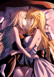  2girls absurdres artoria_pendragon_(fate) artoria_pendragon_(lancer_alter)_(fate) bare_shoulders black_dress blonde_hair breasts dress fate/grand_order fate_(series) french_kiss grey_hair highres kissing large_breasts long_hair morgan_le_fay_(fate) multiple_girls on_bed panties pillow toomishou underwear white_dress white_panties yuri 