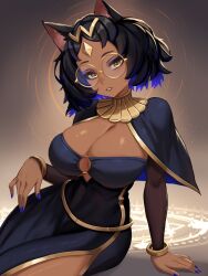  animal_ears arm_support black_dress black_hair blue_hair blue_nails breasts camille_rhodes_(yan_kodiac) cleavage colored_inner_hair commentary dark-skinned_female dark_skin dress english_commentary female forehead_jewel glasses head_tilt highres large_breasts light_smile looking_at_viewer multicolored_hair nail_polish original paid_reward_available parted_lips round_eyewear short_hair side_slit sitting solo yan_kodiac yellow-framed_eyewear yellow_eyes 