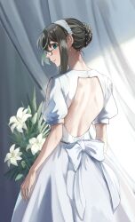  absurdres amanattou_shigure backless_outfit bouquet commentary_request dress female glasses green_eyes hair_bun hairband highres kantai_collection looking_back official_alternate_costume official_alternate_hairstyle ooyodo_(kancolle) semi-rimless_eyewear sidelocks single_hair_bun solo under-rim_eyewear white_dress white_hairband 