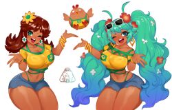  2girls aqua_eyes aqua_hair bikini bikini_under_clothes bird blue_shorts bracelet brazilian_flag brazilian_flag_print brazilian_miku brazilian_miku_(cosplay) brown_hair chicken cosplay crop_top eyewear_on_head flower green_eyes hair_flower hair_ornament hatsune_miku jewelry little123blood long_hair mario_(series) midriff multiple_girls navel one_eye_closed princess_daisy shirt shorts signature simple_background sunglasses swimsuit tan twintails very_long_hair vocaloid white_background yellow_shirt 