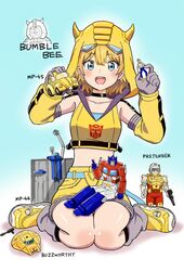  autobot belt black_choker blonde_hair blue_belt blue_eyes bumblebee_(kotobukiya_bishoujo)_(transformers) bumblebee_(transformers) choker collarbone cropped_hoodie detached_sleeves female figure highres holding holding_toy hood hood_up hoodie horned_hood horns komagoma kotobukiya_bishoujo mecha open_hand optimus_prime pointing robot shoes short_hair shorts sitting sleeveless sleeveless_hoodie smile sneakers solo_focus spike_witwicky toy toy_car toy_robot transformers transformers:_generation_1 tube_socks wariza yellow_footwear yellow_shorts 