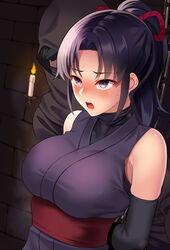  1boy bad_id bad_pixiv_id bare_shoulders black_hair blush breasts candle choker elbow_gloves female gloves huyumitsu imminent_rape large_breasts ninja original ponytail purple_eyes rape scowl sleeveless solo_focus straight 